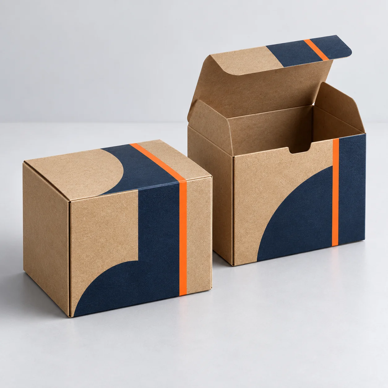 Natural brown kraft cartons with navy printing and orange accents